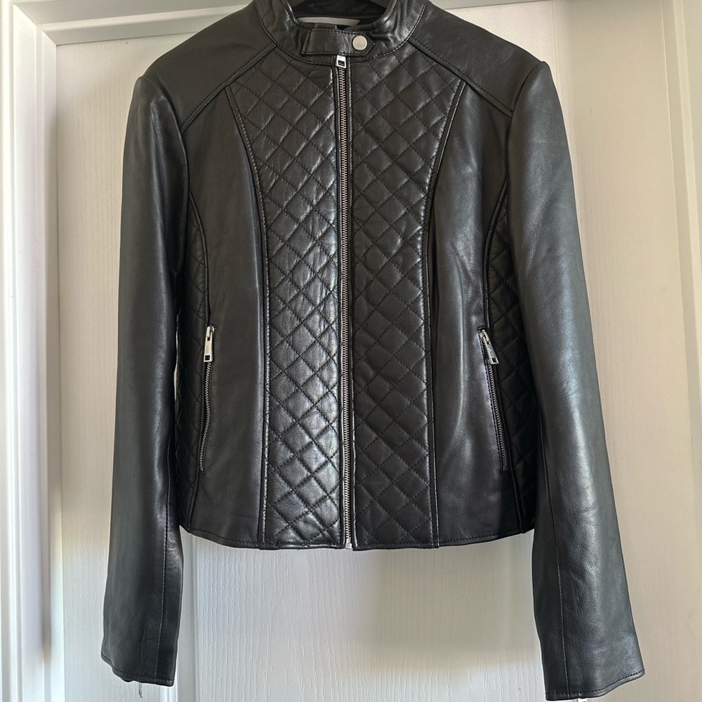 Andrew Marc New York Black Quilted Leather Moto Jacket